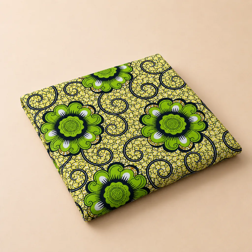 Rosace Verte - Tissu Wax Signature Super Africo 100% Coton - Vert, Jaune et Bleu Marine