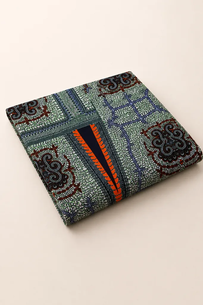 Prestige Akan - Tissu Wax Essentiel Ronvital 100% Coton - Vert Menthe, Noir et Orange