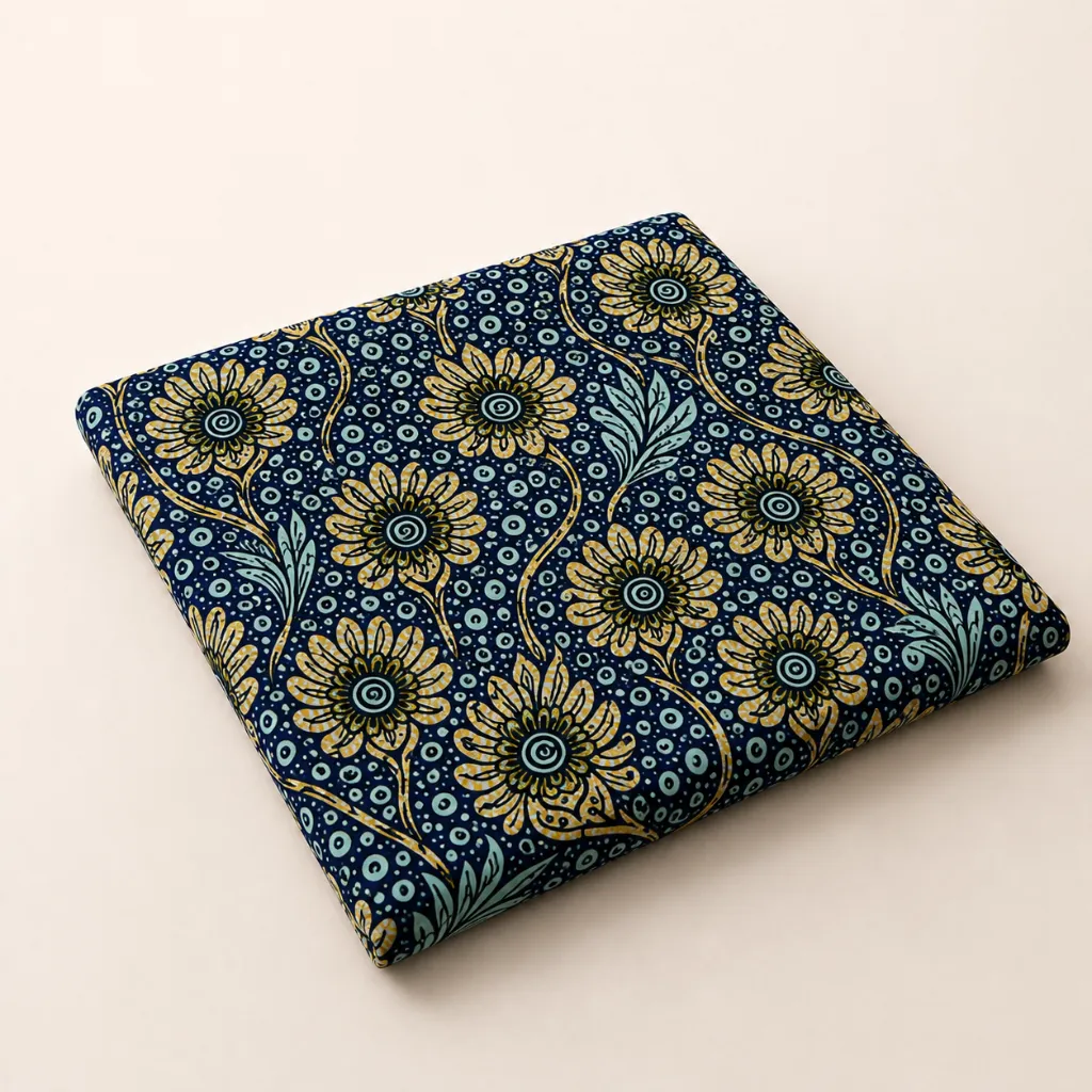 Floraison Nocturne - Tissu Wax Essentiel Wintarget 100% Coton - Bleu Nuit et Jaune