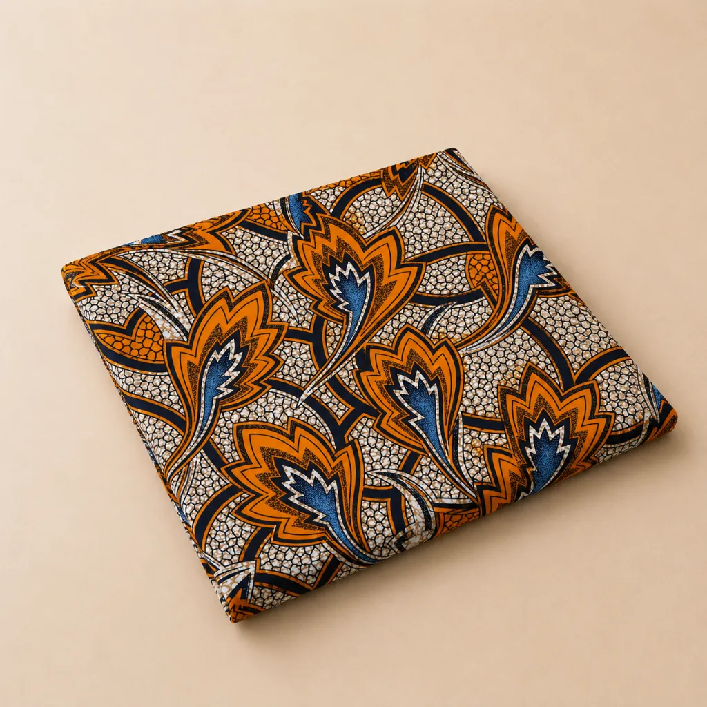 Feuille d'Ambre - Tissu Wax Essentiel Ronvital 100% Coton - Orange Ambré et Bleu
