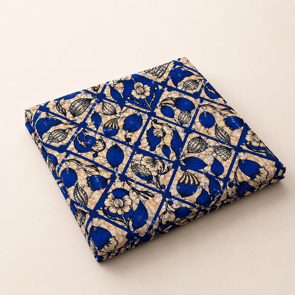 Éclosion Cobalt - Tissu Wax Essentiel Ronvital 100% Coton - Bleu Cobalt et Crème